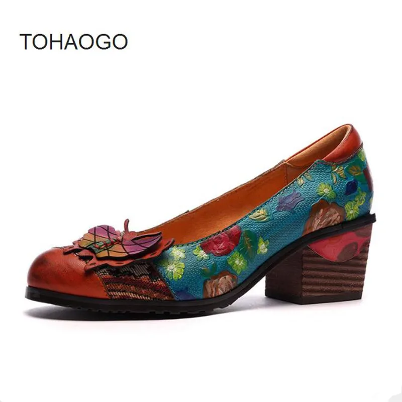

2019 spring and summer new thick with women's shoes Genuine leather flower round head Mid-heeled shoes Handmade big size shoes
