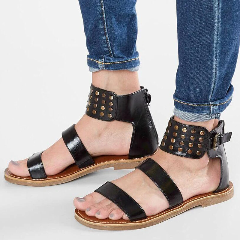 

Plus Size 35-42 Women Summer Gladiator Pu Leather Causal Flat Sandals Beach Rivet Open Toe Sandales Femme Buckle Leopard Shoes