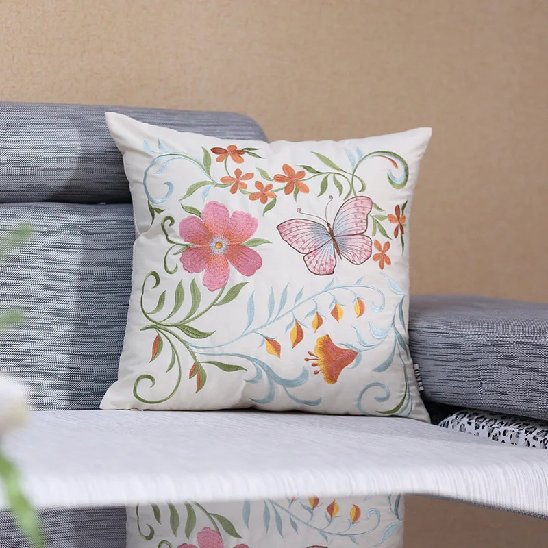 Embroidered Butterfly Faux Silk Cushion Cover Classic Polyester