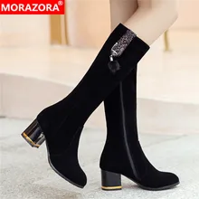 MORAZORA/; Новое поступление; сапоги до колена; Женские однотонные ботинки; сезон осень-зима; блестящие женские вечерние туфли на высоком каблуке на молнии