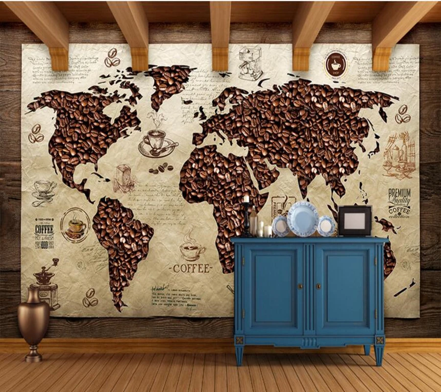 papel de parede Cafe world map Vintage wallpaper,coffee shop living room sofa TV wall bedroom restaurant bar 3d murals