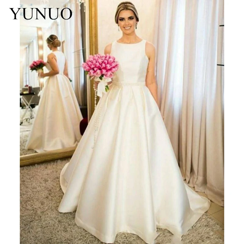 Vestido De Novia Simple Satin A-Line Wedding Dresses Sleeveless Floor Length Bridal Gowns Country Wedding Dresses Pearls (1)-_