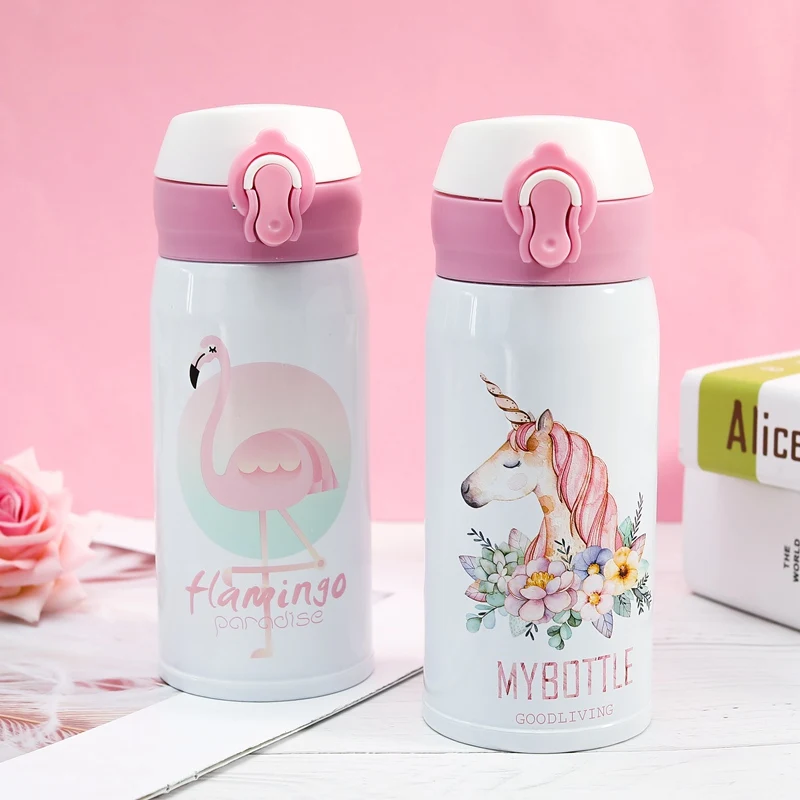 

350ML 500ML Stainless Steel Thermos cup Bouncing Cover Bottle Vacuum flask Flamingo Pattern Thermal Mug Travel Thermos Cup