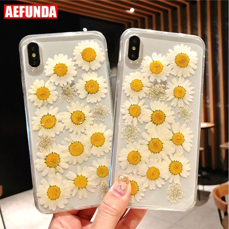 

Real Daisy Flowers Silicone Phone Case For iPhone X XS Max XR 7 8 Plus 6 6S 5 5S SE Dried Chrysanthemum Floral Transparent Cover