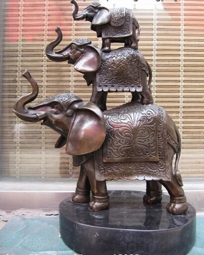 

S0286 Signed Bronze Statue Art Three Elephant Sculpture D0318