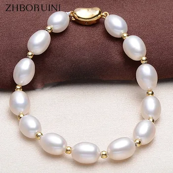 

ZHBORUIN 2019 Charm Bracelet Pearl Jewelry Natural Freshwater Pearl Plunger Buckle 925 Sterling Silver Jewelry For Women Gift