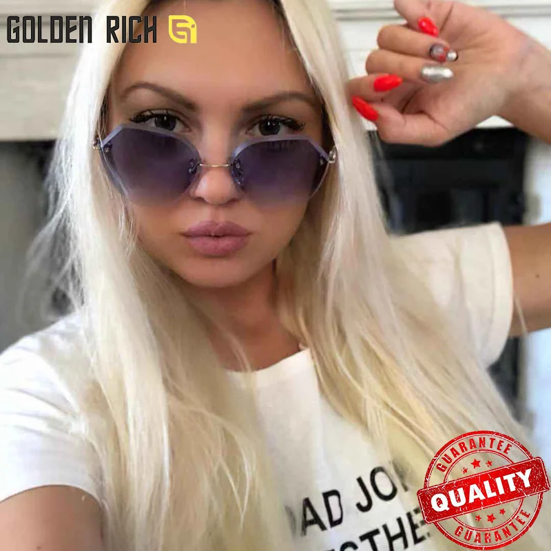 

Sunglasses Women Vintage Blue Rimless Lens 2018 New Brand Designer Female Fashion Sun Glasses UV400 GOLDEN RICH GR2313