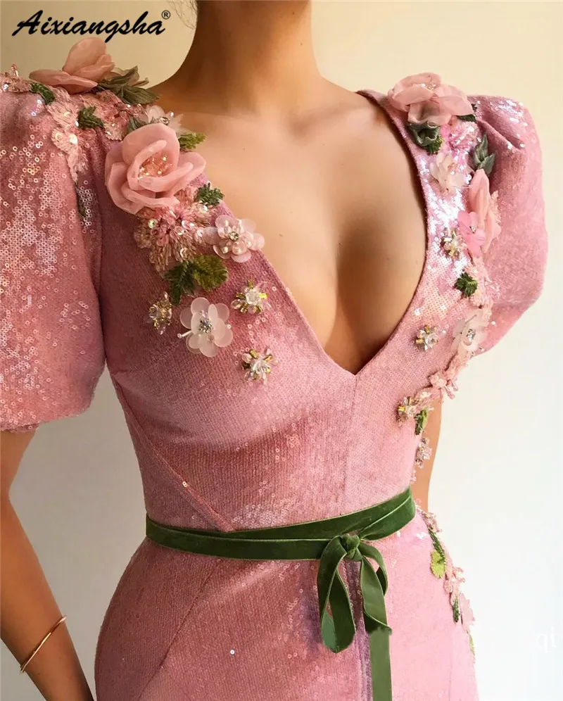 Vestidos Новинка вечернее платье с блестками Короткий рукав v образным вырезом 3D