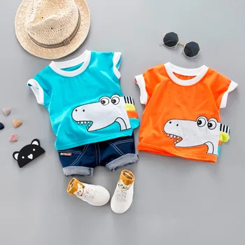 

2019 Fashion Summer Baby Boys Cartoon Cute Print Tops+Jeans Short 2PC Sets