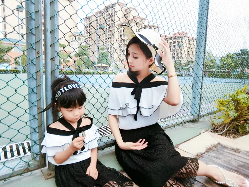 Одежда для мамы и дочки летняя белая шифоновая блузка Топ И Черная кружевная юбка комплект одежды из 2 предметов одинаковые комплекты для мамы и дочки