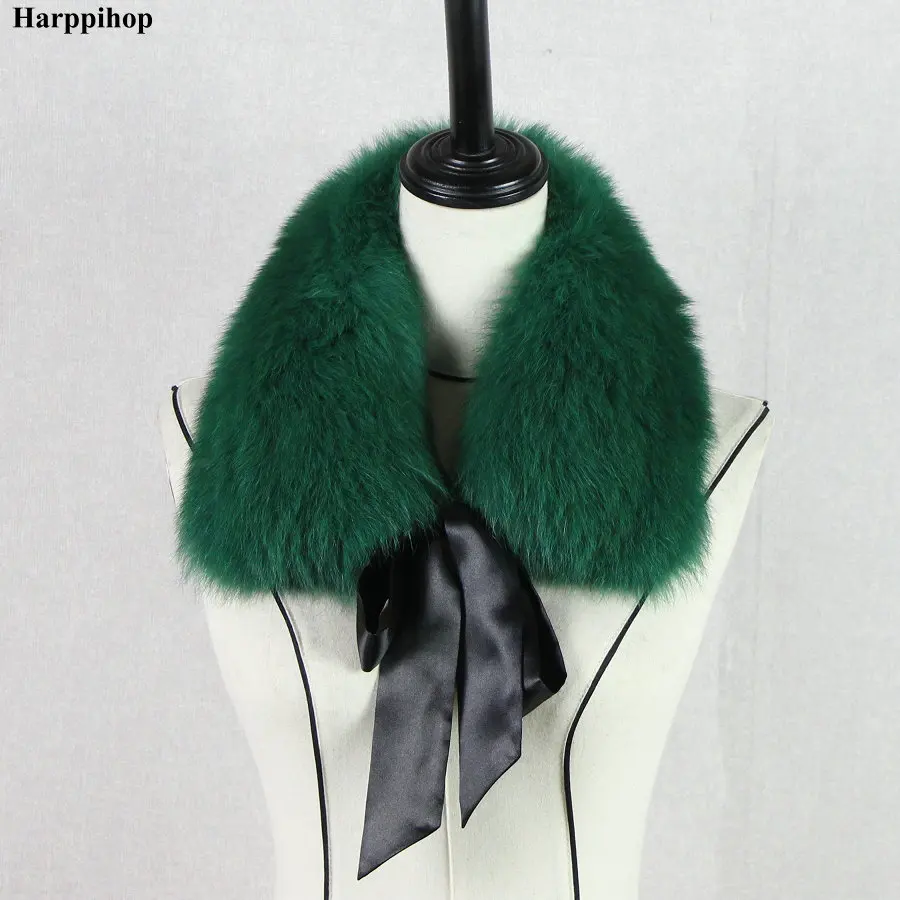 Harppihop* Модный меховой шарф из натурального меха енота, меховые воротники с лентой, натуральный меховой палантин для шерстяных пальто 48 см - Цвет: dark green