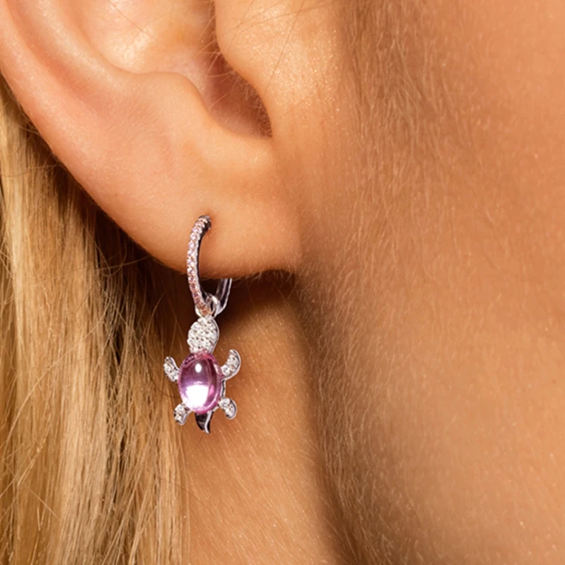 

YP2198 925 Sterling Silver Pink Zircon Turtle Animal Stud Earring Mint Pink Candy Color Zircon Tortoise Women Wedding Jewelry