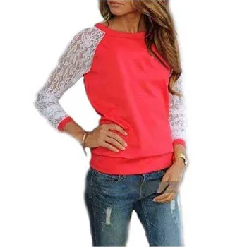 Lace Blouses Shirts Women Long Sleeve Blouse Blusa Feminina shirt Blouse Tops Solid O Neck Casual Shirts 5 Colors