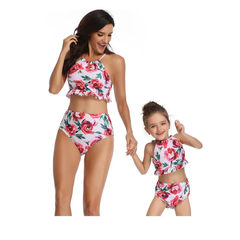 Mother Daughter matching Swimsuits Printing piece double lotus leaf Parent-Child Swimwear Family Matching Swimsuit Outfits - Color: 15