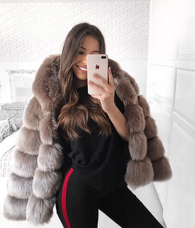 Savabien Womens Faux Fur Coat Thick Warm Furs Long Sleeve Hooded Furry Faux Fur Jacket Winter Black Red Jacket Luxury Coat