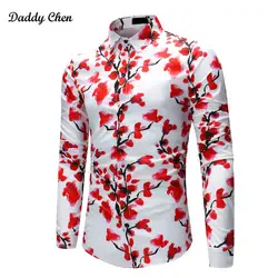 Повседневное Для мужчин рубашка Мода красный цветок сливы цветок печати с длинным рукавом Хлопковая весенняя Slim Fit мужской рубашки 4XL плюс
