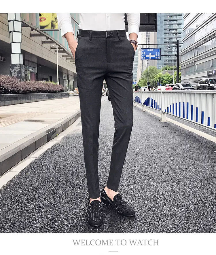 2019 Англия повседневные мужские брюки Slim Fit Брюки сплошной цвет брюки социального клуба платье брюки корейский Masculino pantalon homme