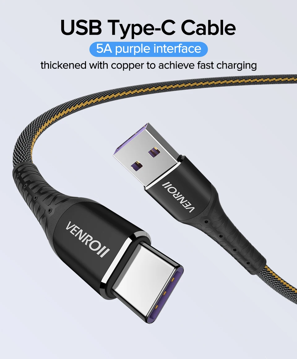 Venroii Быстрая зарядка usb type C кабель Мобильный телефон шнур USBC Кабо 5A Supercharge QC3.0 провод для Honor huawei mate 20 10 P30 Pro