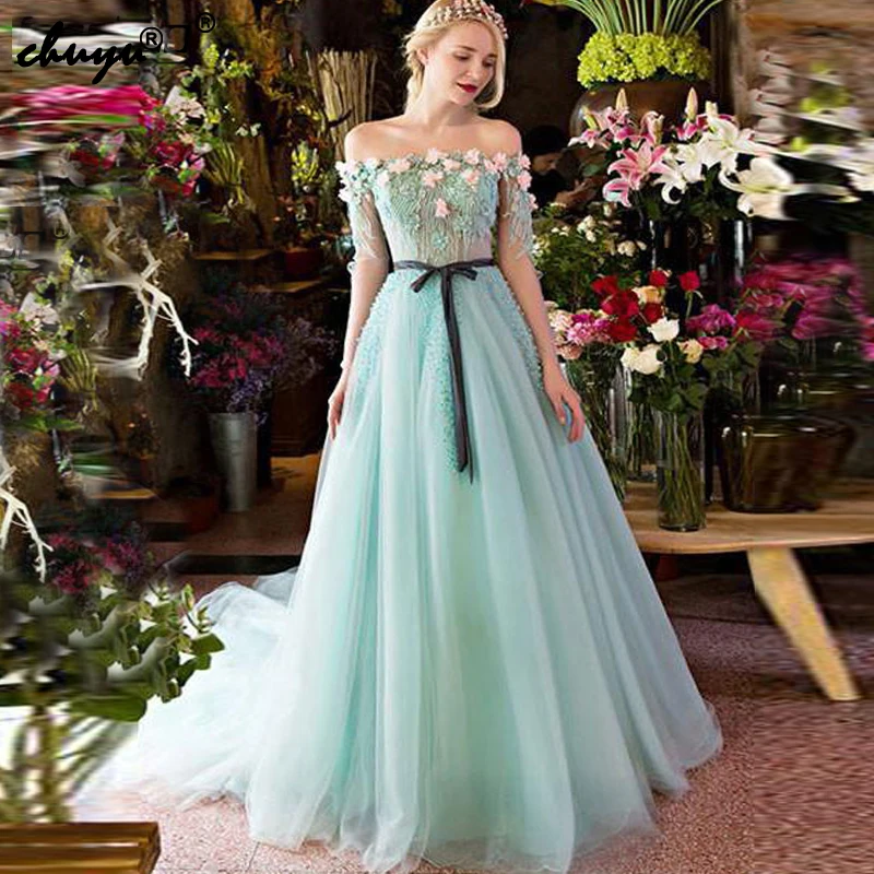 

Off the Shoulder Mint Green Muslim Evening Dresses Tulle Appliques Beads Flowers Islamic Dubai Saudi Arabic Prom Dress
