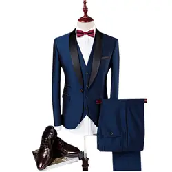 Однотонный мужской костюм куртка + брюки + жилет Азиатский размер s-4XL темно-синий винный красный мужской костюм из трех предметов деловой
