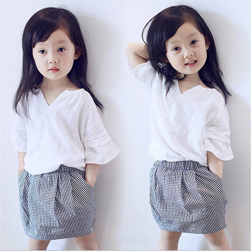 

2017 Summer Girls Clothes Sets Top+Skirt Three Quarter Sleeve V-Neck White t Shirts Plaid Skirt Children New Fashion Kids Suits