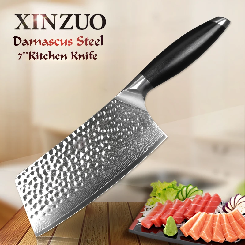 

XINZUO 7'' inch Kitchen Chef's Knife Japan VG10 Damascus Forged Steel Knives China Cleaver Meat Chopping Knife with G10 Handle