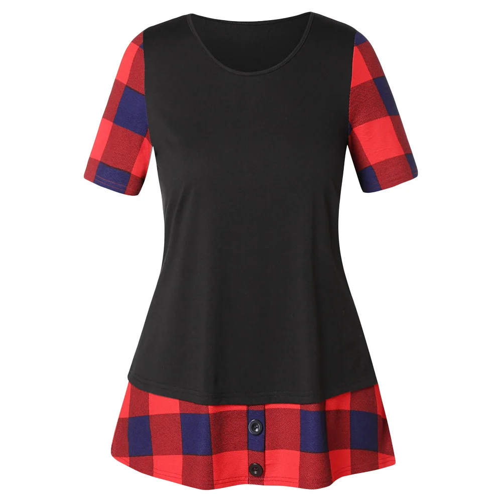 

Rosegal Plus Size T-shirt Women Color Block Checked Insert T Shirt Short Sleeve Tees Plaid Button Casual Tops Round Neck Summer