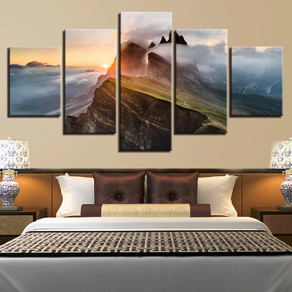 JIE DO ART Modular Canvas Pictures 5 Pieces Mountain Sunrise Sunshine Psychedelic Scenery Painting Decor Home Modern Prints | Дом и сад