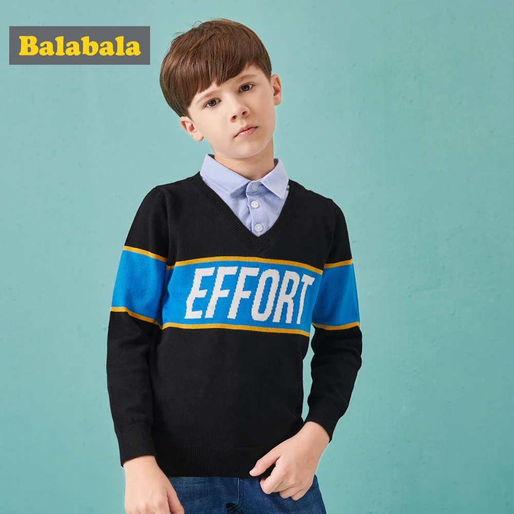 

Balabala Boys Sweater 2018 Spring Autumn Cotton Children Sweater Letter Collision Design Fake Two-Piece College Style Cashmere