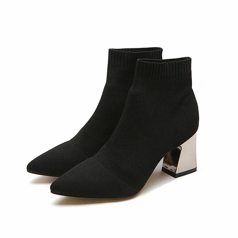 Cena Moda kobiety zimowe buty czarne śnieg buty kobiety kwadratowe obcasy kobiety Pointed Toe damskie botki skarpety buty Plus rozmiar K 187