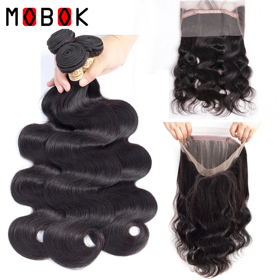 

MOBOK 360 Frontal With Bundles Body Wave Brazilian Non Remy Human Hair Weft Weave Pre Plucked 360 Lace Frontal With Bundle