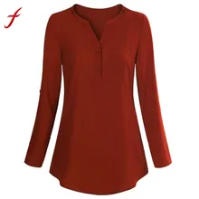 Feitong модные футболки женские с длинным рукавом рулон повседневная с v-образным вырезом на пуговицах слоистая футболка разные цвета на выбор футболки