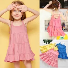 Коллекция года, летние платья-майки для маленьких девочек однотонное платье принцессы без рукавов с принтом на бретельках 3 цвета, для девочек от 12 месяцев до 5 лет