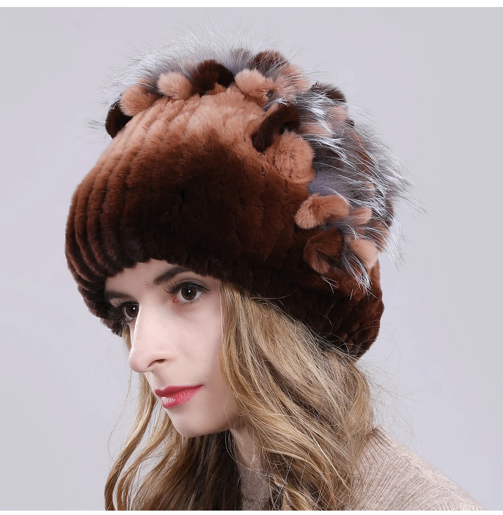 Русский женский Настоящий мех кролика шапки уличная эластичная вязаная натуральная шапка из меха кролика рекс зимние теплые натуральный мех шапочки