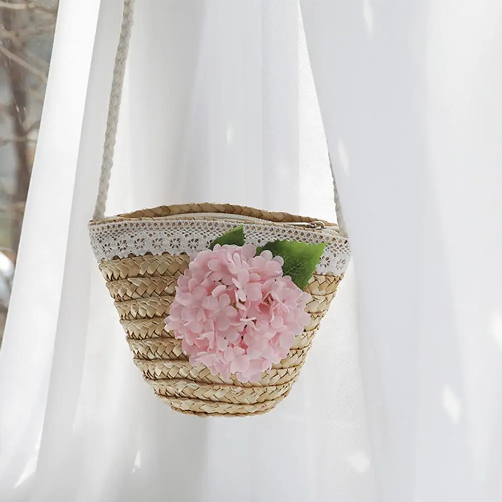 

Hot Children Girl Lace Flowers Green Leaf Weave Mini Crossbody Shoulder Straw Bag Gift