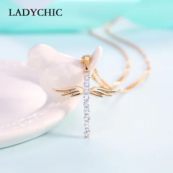 

LADYCHIC Angel Wings Cross Pendant Necklace for Girl Women Fashion Style Necklaces Inlaid AAA Crystal Jewelry Wholesale LN1064