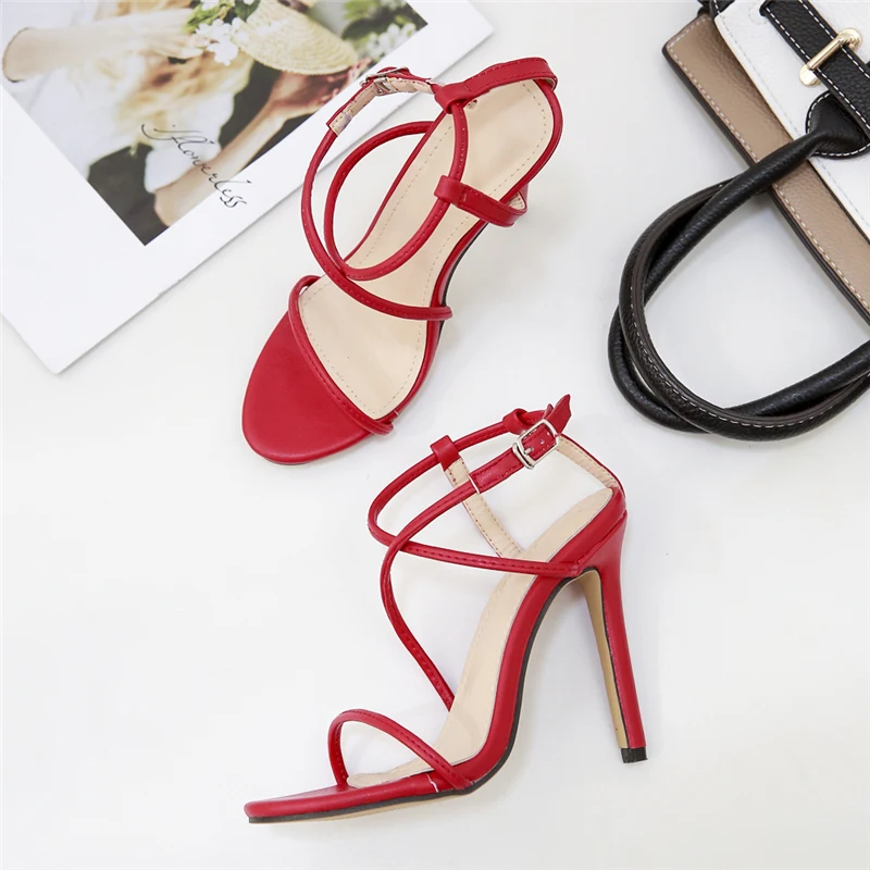 

2020 Summer Women 11cm High Heels Leather Sandals Female Fetish Gladiator Heels Shoes Lady Cross Strap Sexy Platform Red Pumps