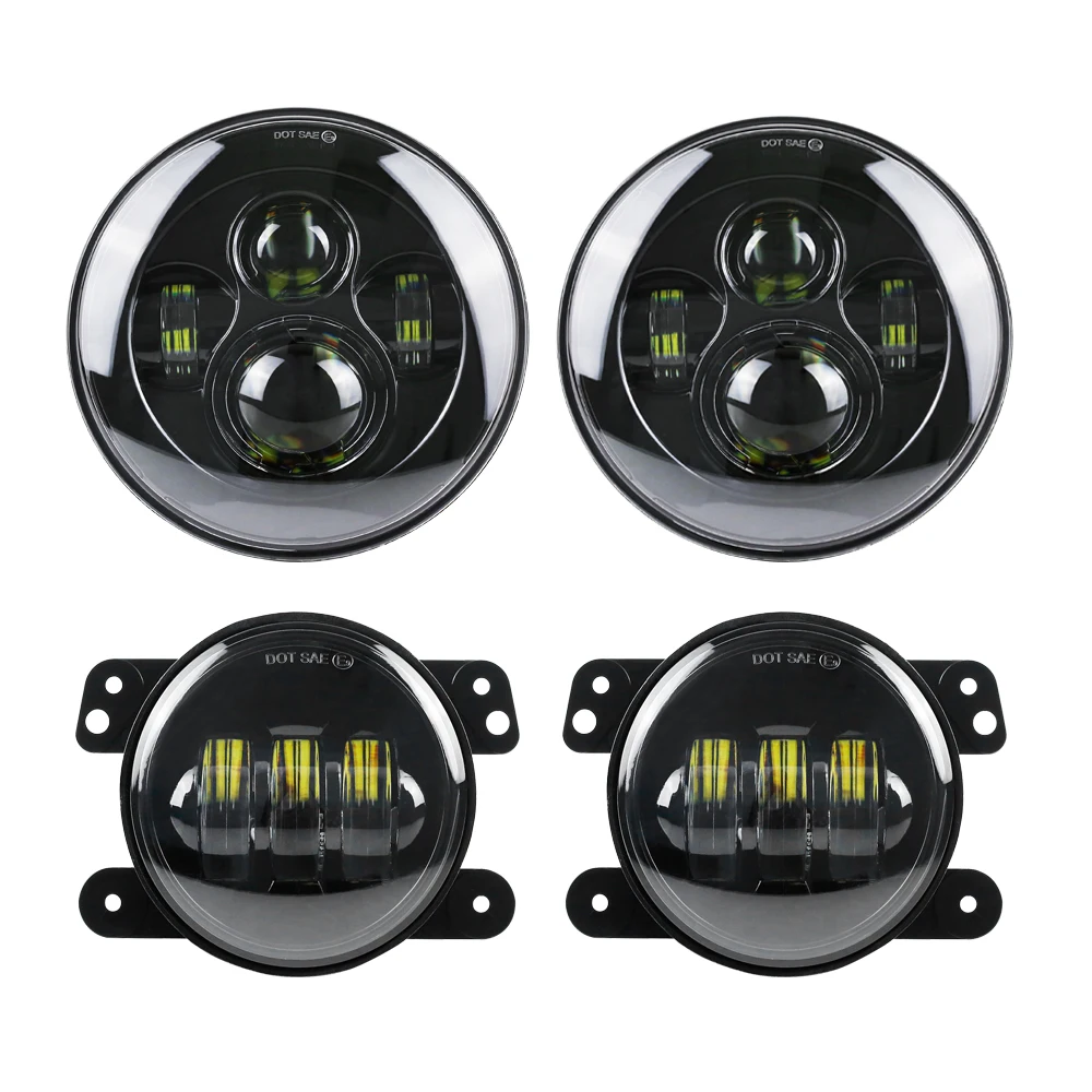 DOT Approved 7&quot Black Round LED Headlights + 2pcs 4&quot inch fog light bumper For Jeep Wrangler 97-2017 JK TJ LJ | Автомобили и
