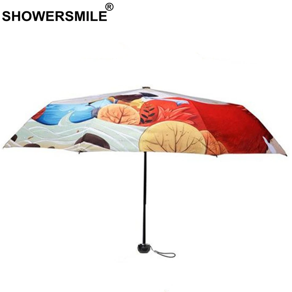 

SHOWERSMILE Ladies Painting Umbrella Art Print Sliver Coating Uv Protection Parasol Foldable Painted Sun Rain Travel Umbrella