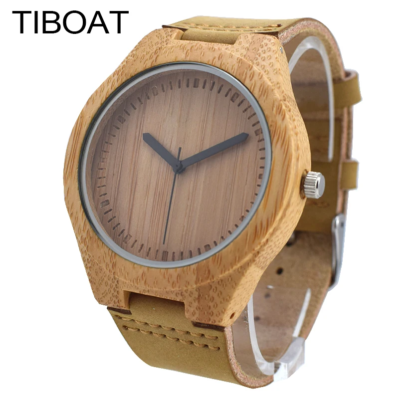 Tiboat роскошные деревянные часы ручной работы Bamboo Деревянный аналоговые кварцевые