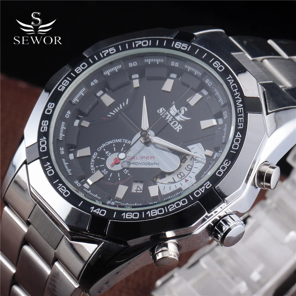 SEWOR font b Men b font Luxury Stainless Steel Clock Classic Stylish Design Auto Date Automatic