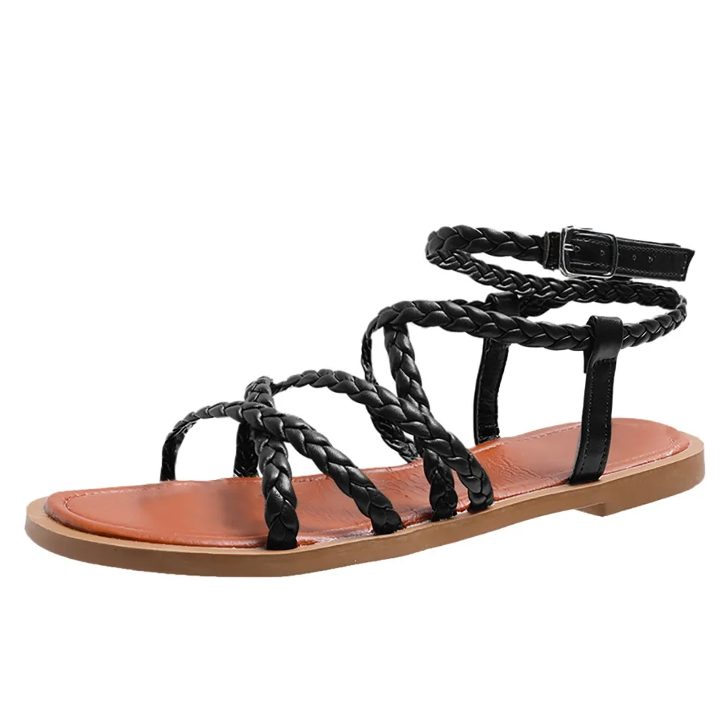 

SAGACE Women Girls Weaving Summer Beach Open Toe Flat Sexy High Quality Outsid Ladies Shoes Rome Buckle Strap Shoes Buckle
