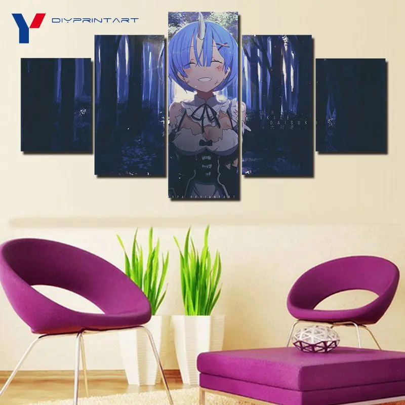 5 панелей аниме девушка Rem художественные картины на холсте Re Zero постер для