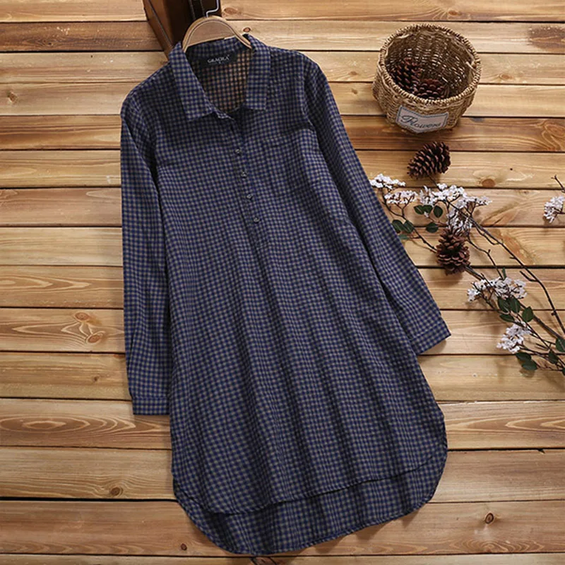 المرأة تحقق منقوشة بلوزة 2019 الخريف الكتان طويلة أعلى الإناث عارضة طويلة الأكمام Blusa أنيقة السيدات التلبيب زر أسفل قميص 5XL