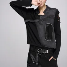 Асимметрия Европейский стиль Модные женские кружевные лоскутные черные топы с открытыми плечами с длинным рукавом футболки AC8006