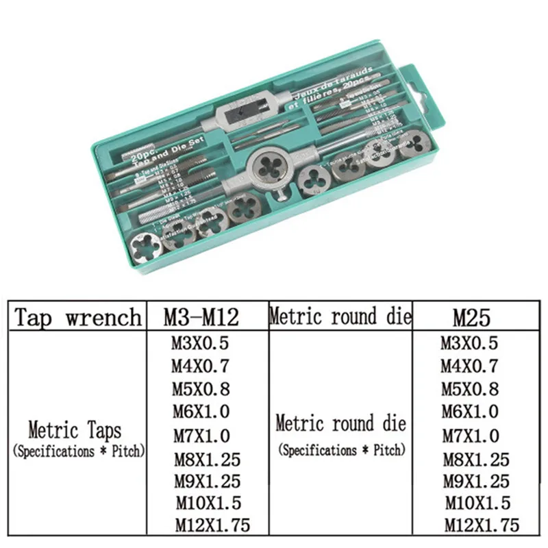 

20PCS Tap Die Kits M3~M12 Straight Flute Hand Tap wrench Die wrench Holder Car Motorcycle Maintenance Tap Die Tool sets