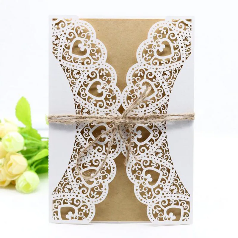 

50pcs White Hollow Heart Laser Cut West Cowboy Wedding invitation Card With Kit Blank Paper Print Party Wedding Decor Supplies