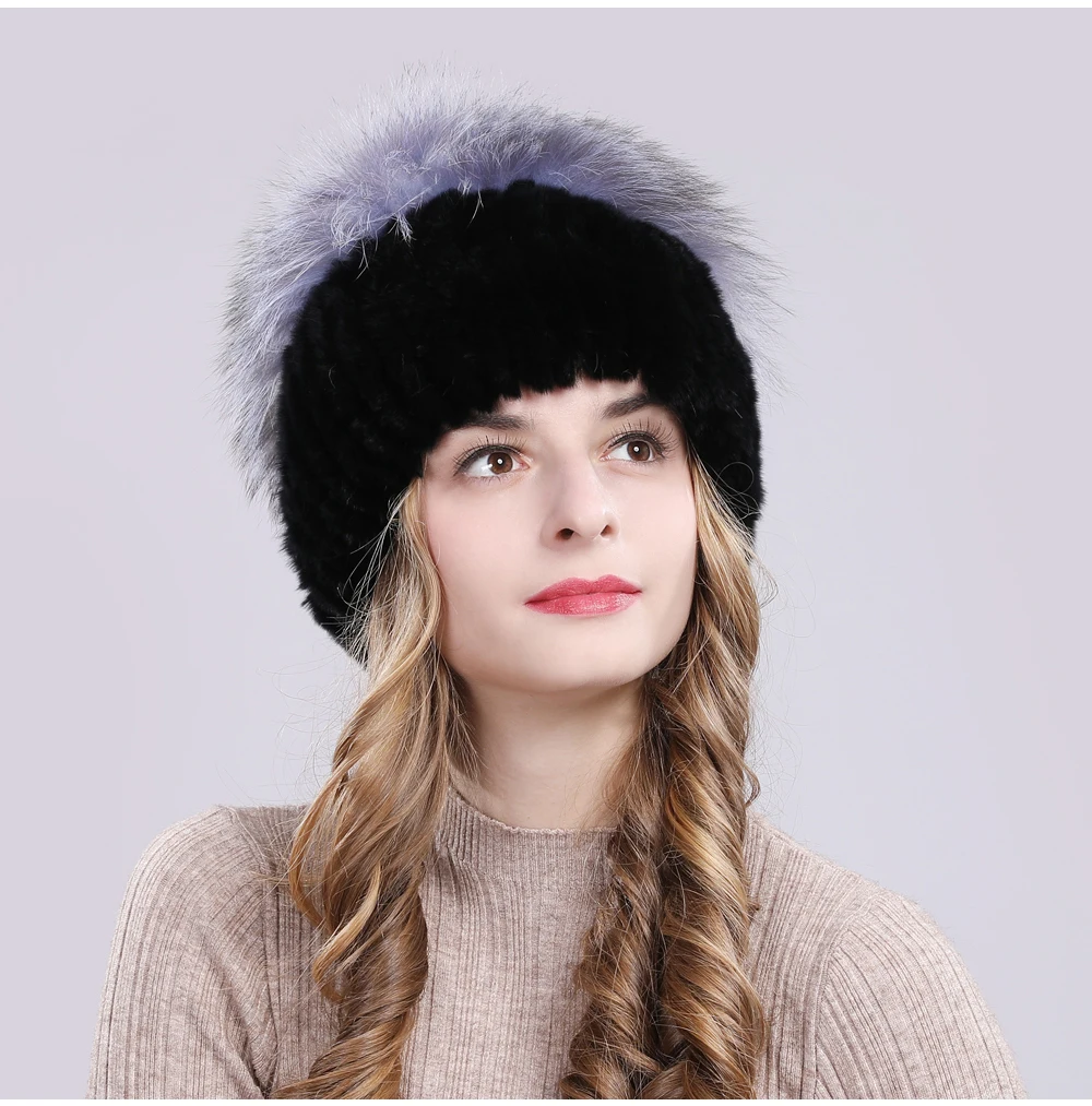 Outdoor Women Warm Soft Genuine Rex Rabbit Fur Hat Knitted Natural Real Sliver Fox Fur Caps Winter Real Rabbit Fur Beanies Hats