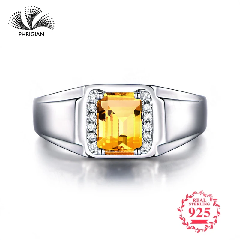 

NOT FAKE Fine natural Engraving Sterling silver gemstone Emerald cut ring Women custom jewelry 925 carat Yellow Citrine RING