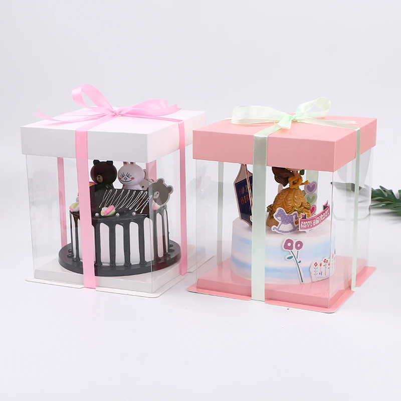 

Event Party 6/8 Inch Transparent PET Plastic Cake Decorating Packaging Box Square Gift Box With ribbon 5 pcs/lot